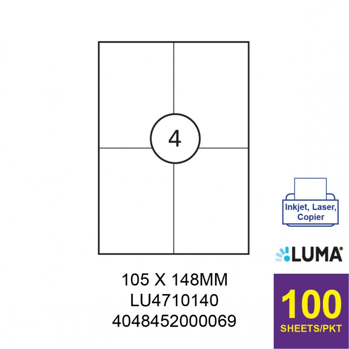 LUMA LU4710140 LABEL FOR INKJET / LASER / COPIER 100 SHEETS/PKT WHITE 105X148MM